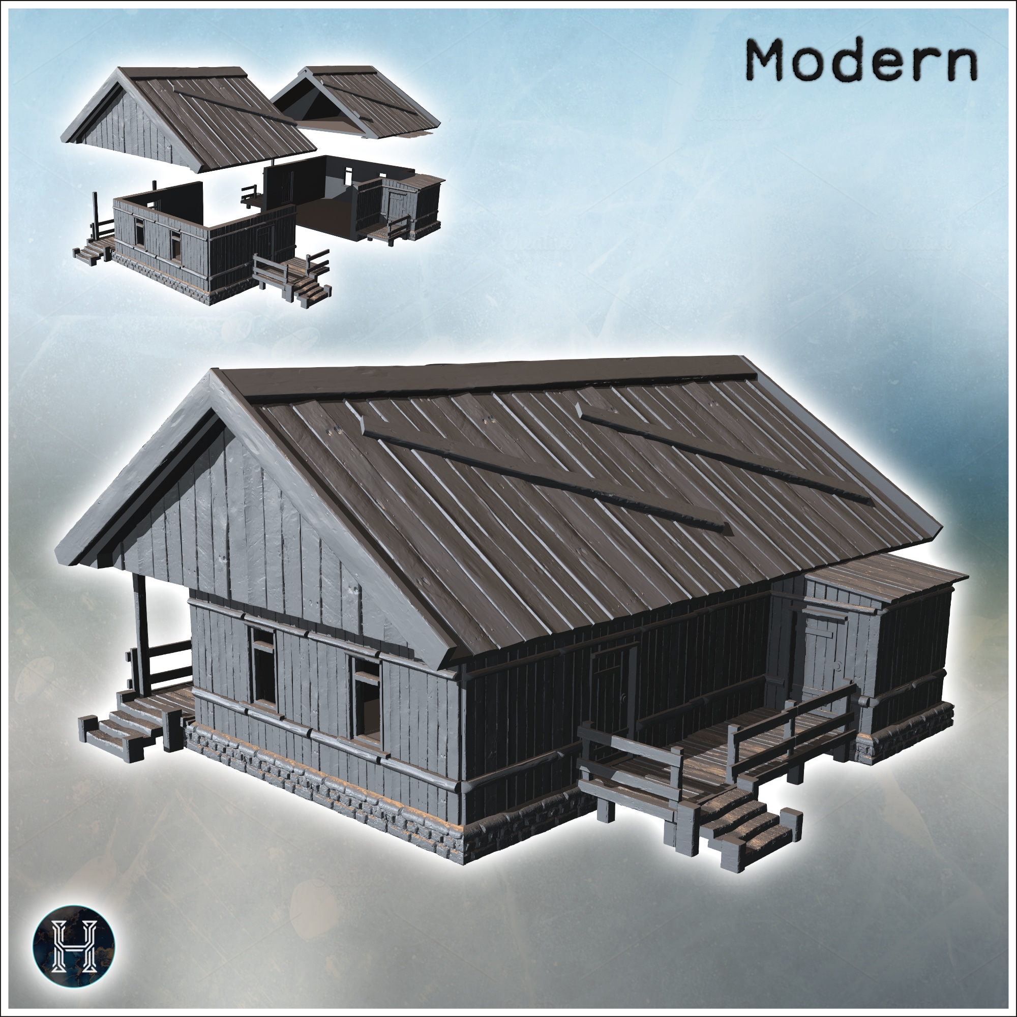 Traditional wooden house with a raised porch and steps leading to the entrance (8) - Modern WW2 WW1 World War Diaroma Wargaming RPG Mini Hobby